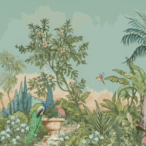 Tropical-roman-garden-peacock-bird-palm