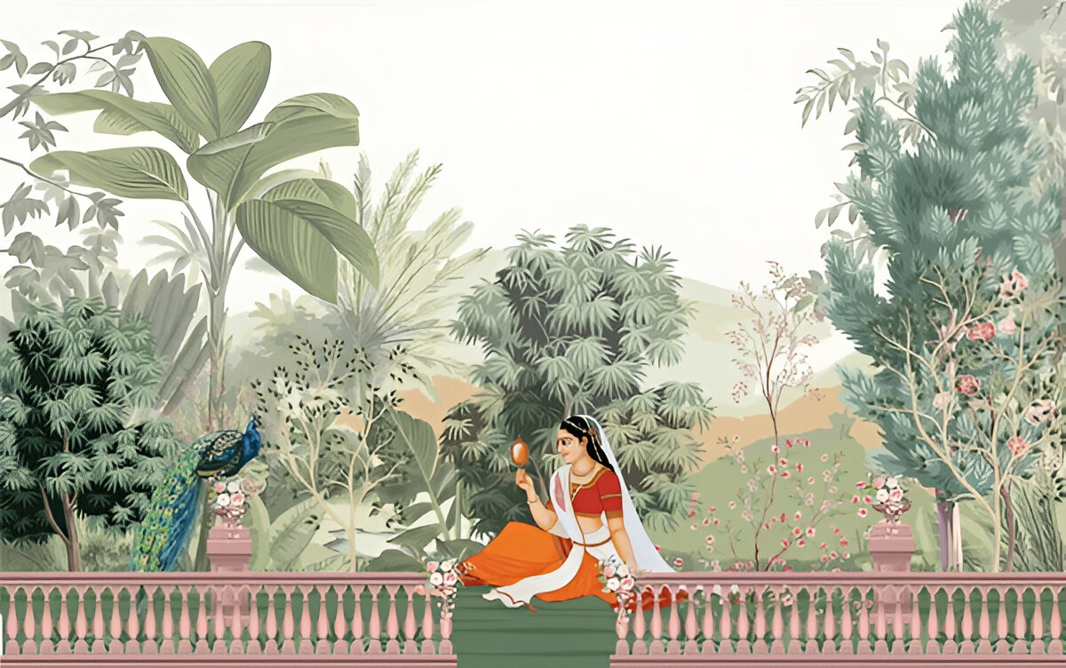 illustrationmughal-queen-sitting-garden-vintage-wallpaper-