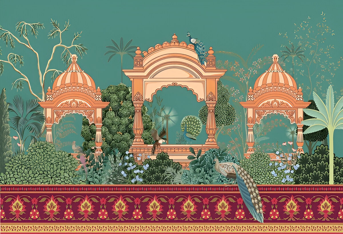 indian-mughal-garden-arch-peacock-plants-