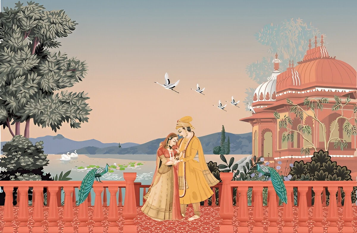 mughal-garden-palace-arch-peacock-swans-