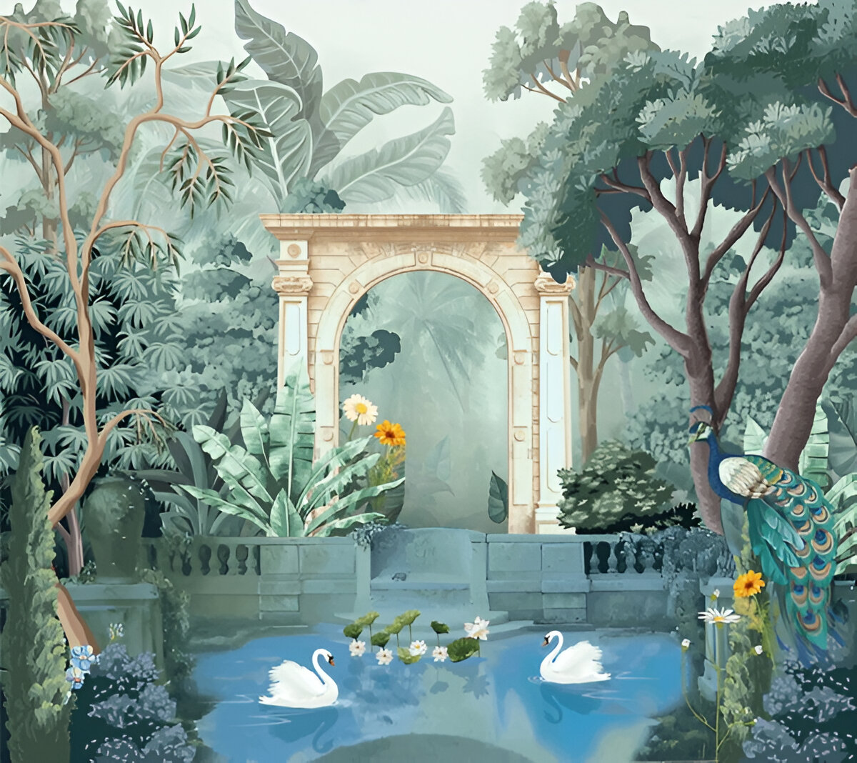 mughal-garden-pond-arch-illustration-wallpaper-