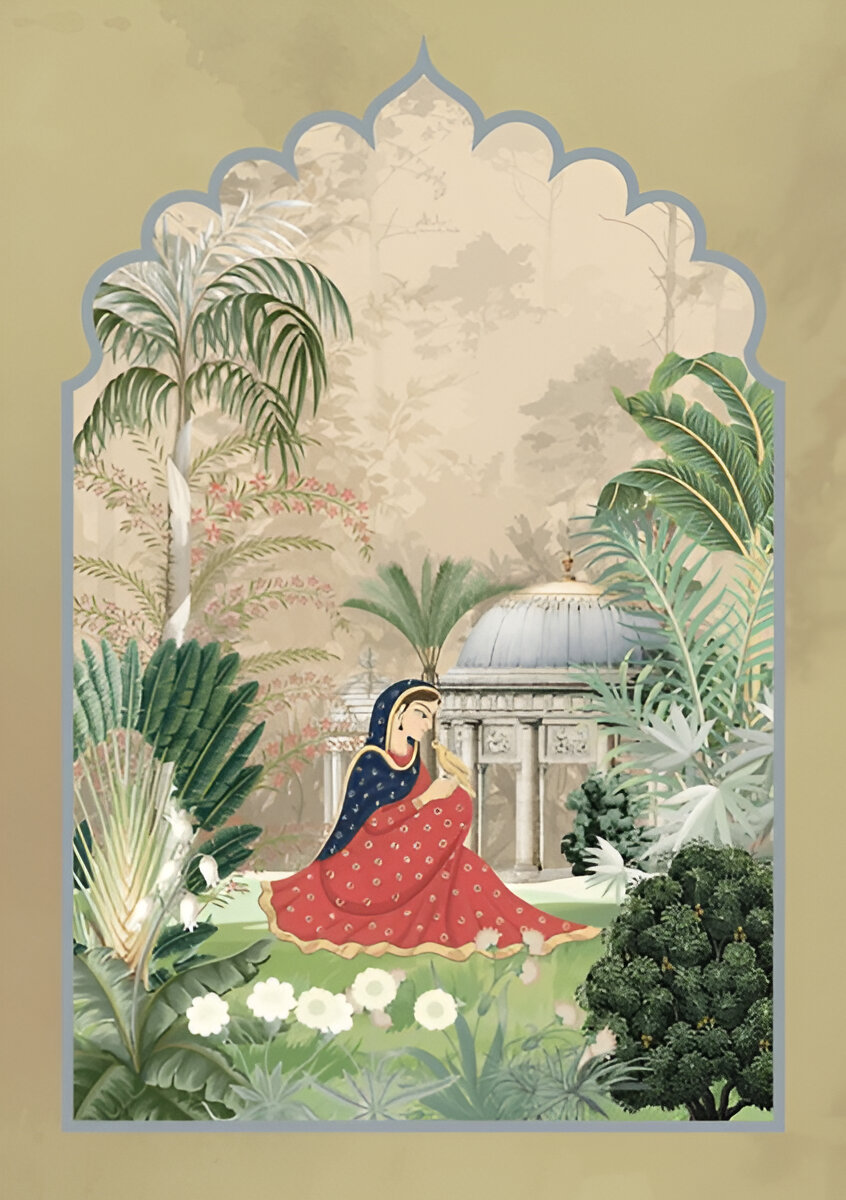 mughal-lady-sitting in garden tropical-illustration-garden-